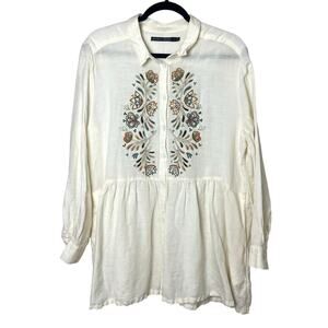 Gudrun Sjödén Embroidered Linen Cotton Peasant Blouse Top Tunic Size Large
